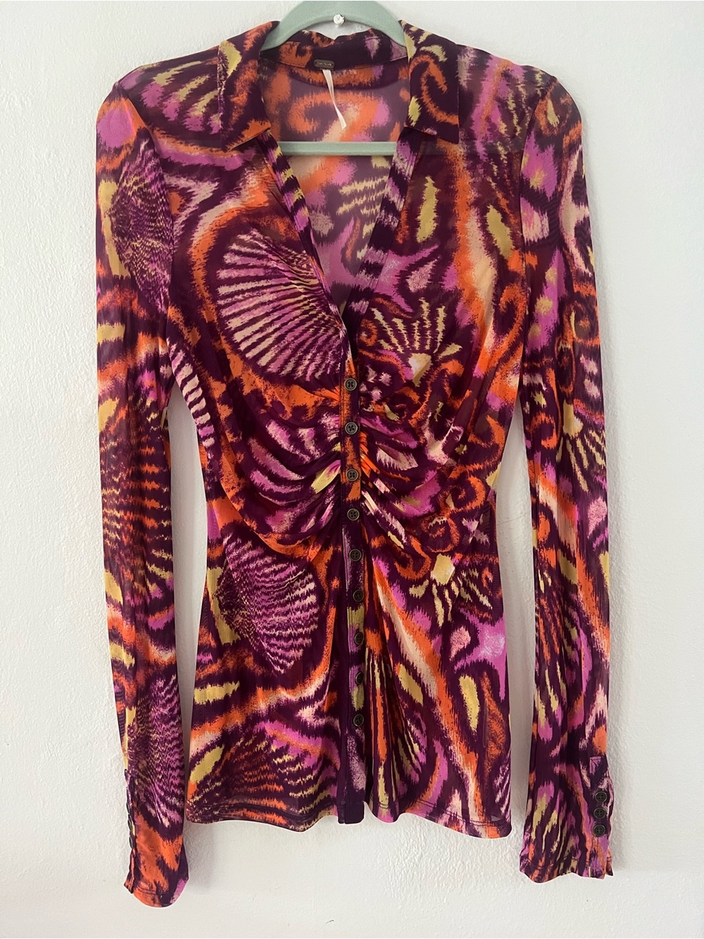 Free People Abstract Ruched Button-Front Long Sleeve Top in Purple & Orange